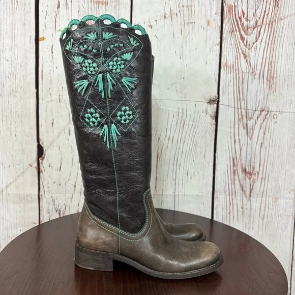 BCBG MAX AZRIA distressed Black leather blue raffia embroidery tall Boots 7 GUC